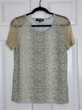 Anatomie Snake Print Stretch Travel Top Mesh Sleeve Neutral Tee Medium